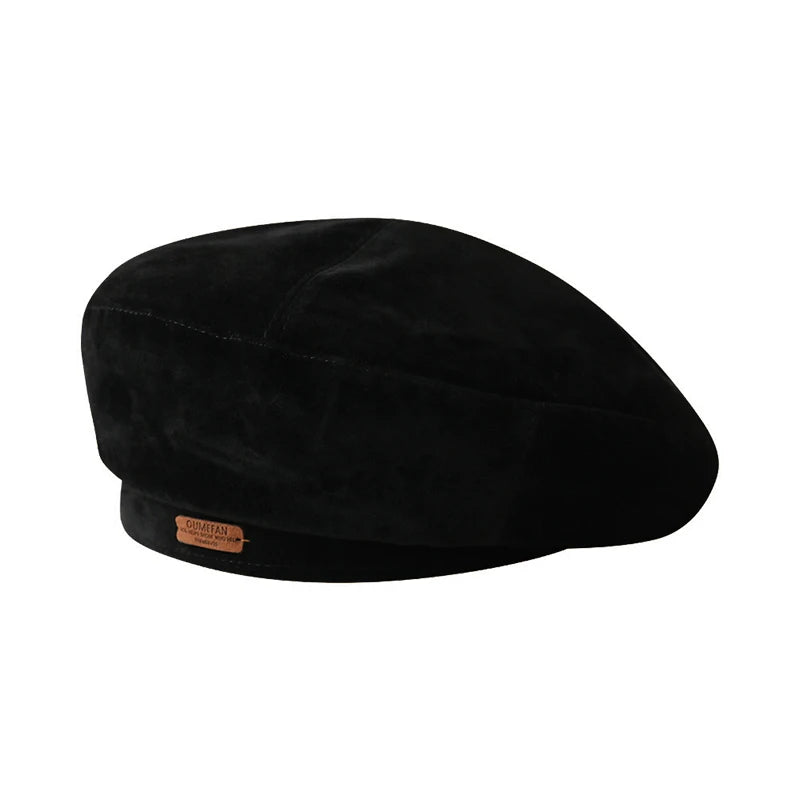 Aiertu  -  Winter Suede Beret Hat for Men Women Leather Label Newsboy Hat Outdoor Warm Thickened Berets Retro Texture Versatile Painter Cap Aiertu