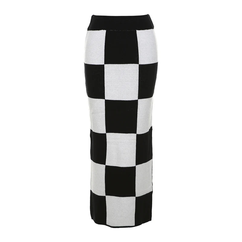 Aiertu  -  Classic Women Skirts Checkerboard Knit Side Split Skinny Vintage Fashion Wild Streetwear High Waist Maxi Straight Skirt Aiertu