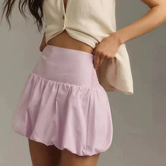Aiertu  -  Womens Y2K Pink Mini Bubble Skirt High Waist Ruffle Hem Pleated Short Skirt Cute Retro Puffy A Line Balloon Skirt Aiertu