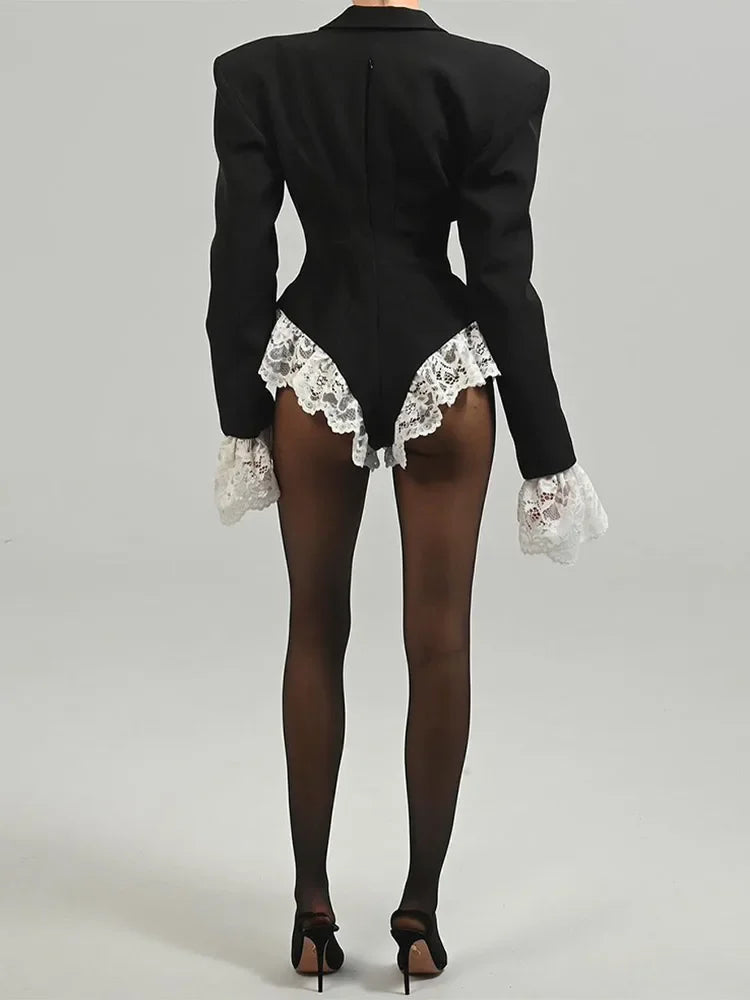Aiertu  -  Chic White Lace Patchwork Black Blazer Bodysuit Women Sexy V-neck High Waist Long Sleeves Jumpsuit 2026 New Street Partywear Aiertu
