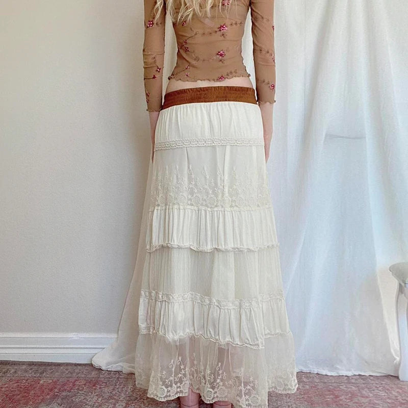 Aiertu  -  Summer Elegant Lace Skirt Vintage Contrast Bandage Low Rise Straight Loose Long Skirts for Holiday Women Casual Clothing Aiertu