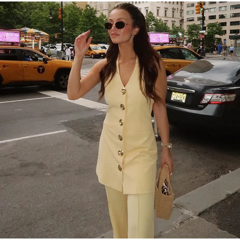 Aiertu  -  Fashion Blazer Suit Women Halter Sleeveless Backless Single Breasted Slim Tank Long Pant Female Set 2025 Spring Summer Lady Sets Aiertu
