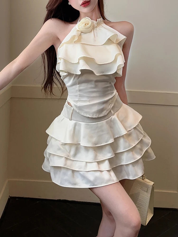 Aiertu  -  Korean Style Retro 2 Piece Sets Women Casual Y2k Crop Top Vest + Mini Cake Skirts Sexy Vintage Fashion Suits Even Party Clothing Aiertu