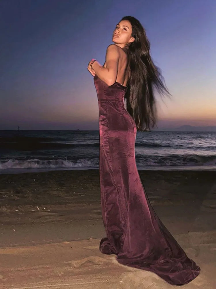 Aiertu  -  Red Wine Valet Strapless Mermaid Maxi Dress For Women Sexy Strapless Backless Wrap Waist Robe Elegant Club Party Vestidos 2026 Aiertu