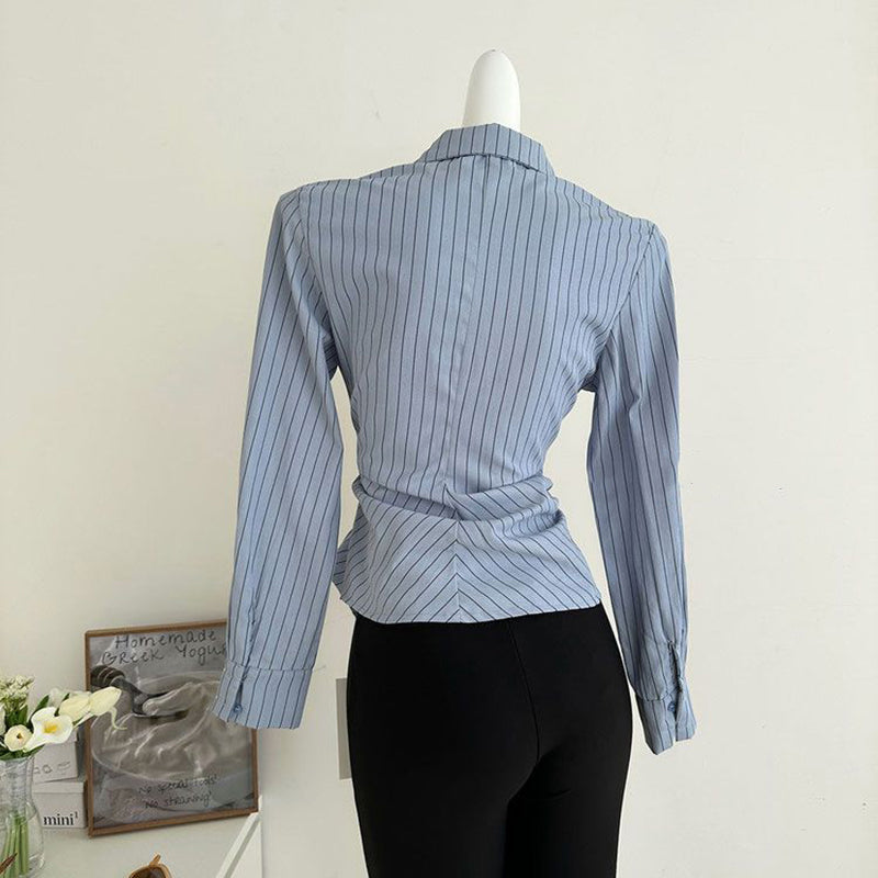 Aiertu Elegant Striped Shirts Women Vintage Irregular White Blouses Ladies Korean Long Sleeve Chic Buttons Slim Design Tops New Aiertu