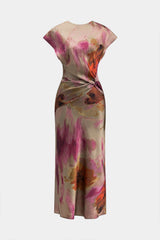 Aiertu  Tie Dye Ruched Cut Out Button Twist Knot Midi Dress Aiertu