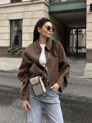 Aiertu  -  Fashion Brown Short Woolen Jacket For Women Elegant Lapel Long Sleeves Zipper Cropped Coats Autumn Chic Lady High Street Outwear Aiertu