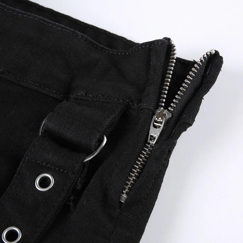 Aiertu Punk Gothic Black Eyelet Ribbon Denim Skirt Women Low Waist Asymmetrical Tiered Pleated Short Jean Skirts Y2K Aiertu