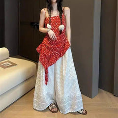 Aiertu  -  Simple elastic heavy industry hollow plaid pants lace splicing lazy wide-leg pants vacation style design casual pants Aiertu