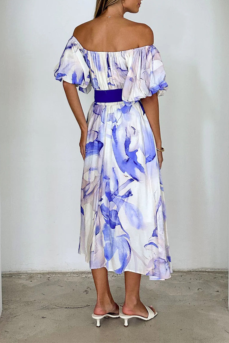 Aiertu  -Elegant Floral Print Lace Up Off Shoulder A Line Dresses aiertu