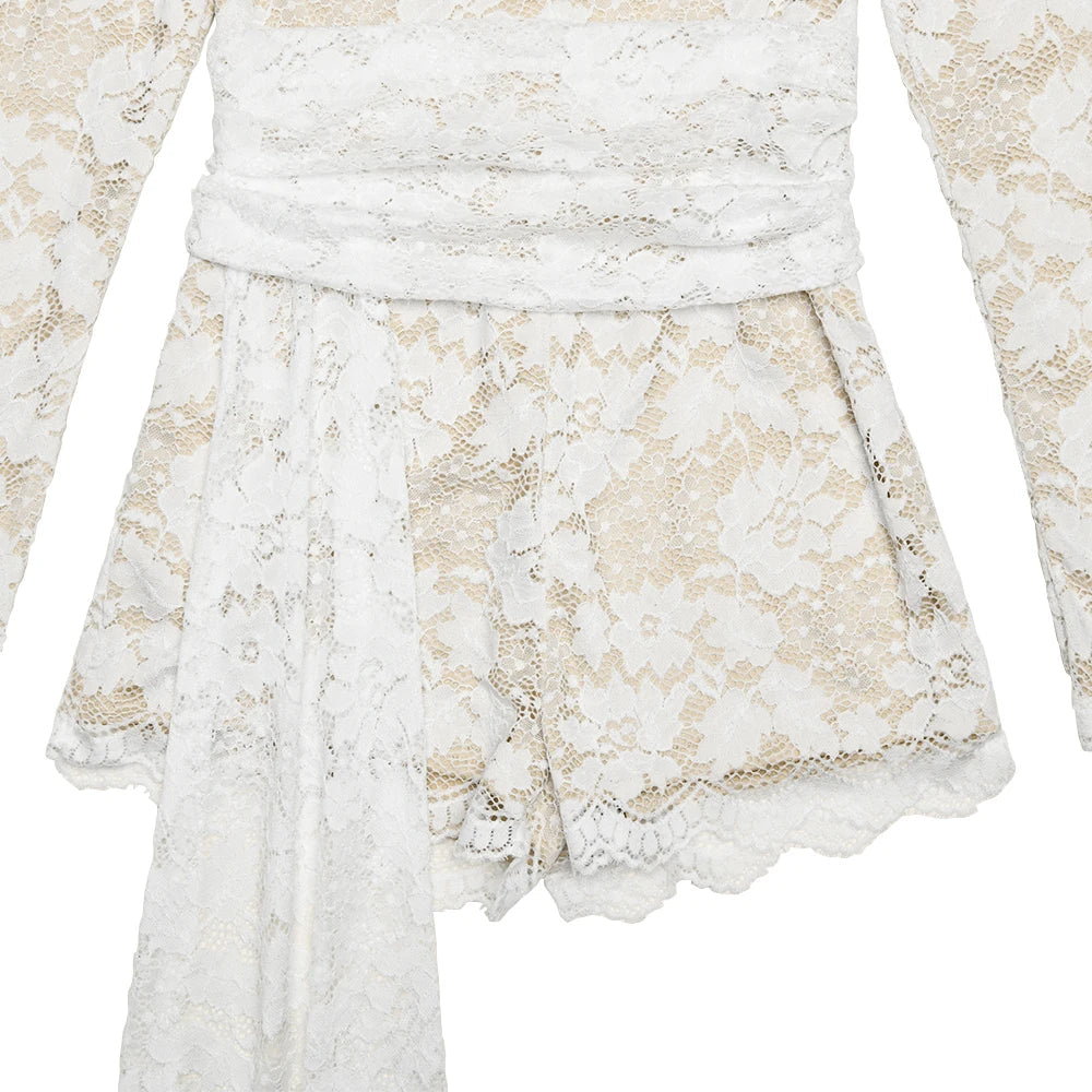 Aiertu  -  Temperament Long Sleeved Lace Patchwork Playsuit Women Fashion Round Neck Lace Up Tight Jumpsuit Summer New Rompers 2026 Aiertu