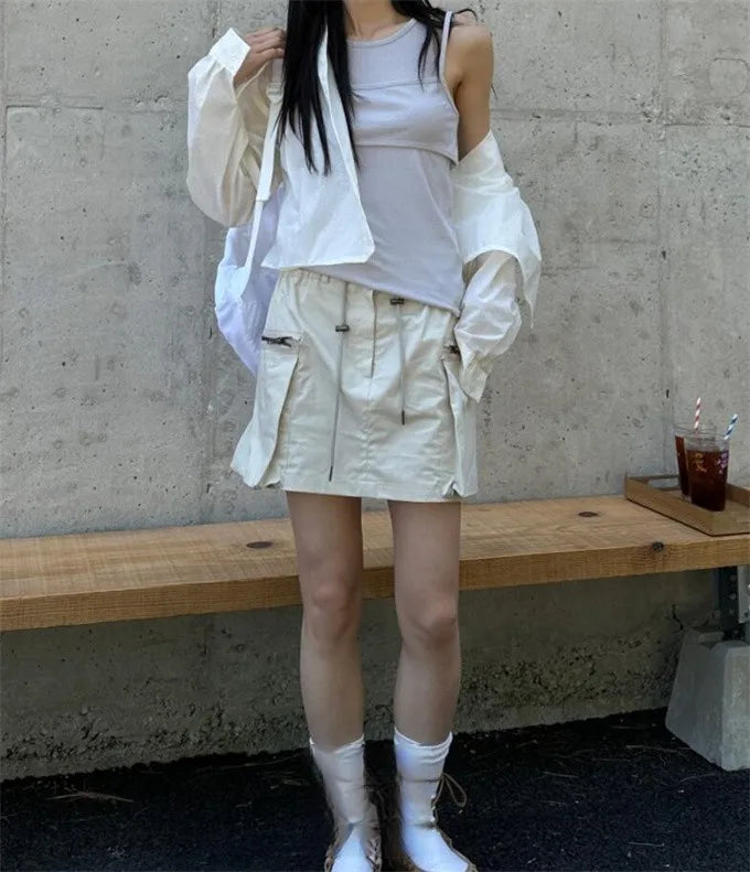 Aiertu  -  Spice Girls High Street Drawstring Elastic Waist All Match Mini Skirt korean Summer New Fashion Double Pocket Skirts for Women Aiertu