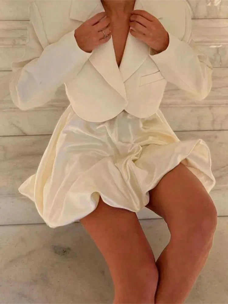 Aiertu  -  Elegant White Satin Puff Hem A-line Skirt For Women Fashion High Waist Zipper Slim Short Skirts Autumn New Lady Chic Streetwear Aiertu