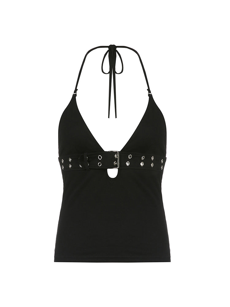 Aiertu - summer inspo Backless Eyelet Buckle Lace-Up V Neck Halter Crop Vest Top Women Punk Style Gothic Streetwear Aiertu