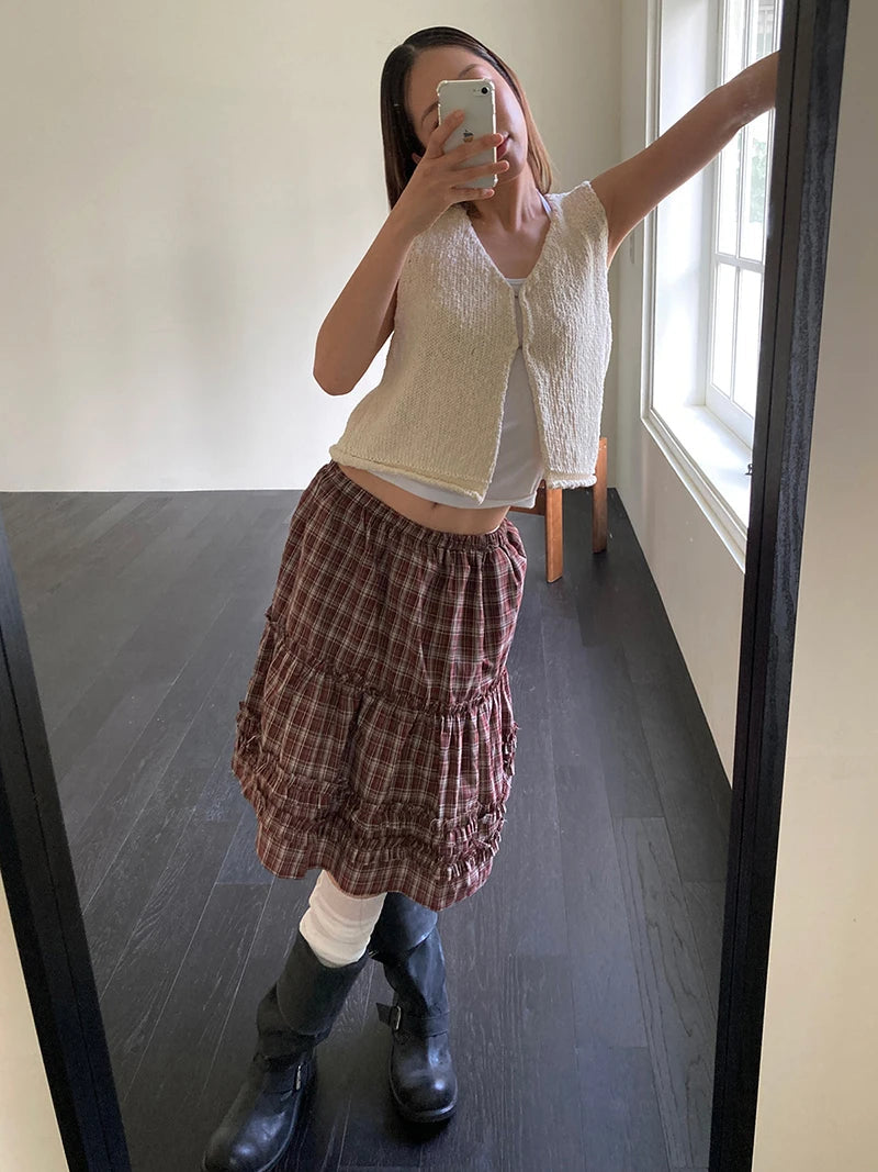 Aiertu  -  Vintage Plaid Mini Skirt Women Japanese Harajuku Ruffles Patchwork Black Skirts Summer High Waist Casual A Line Faldas New Aiertu