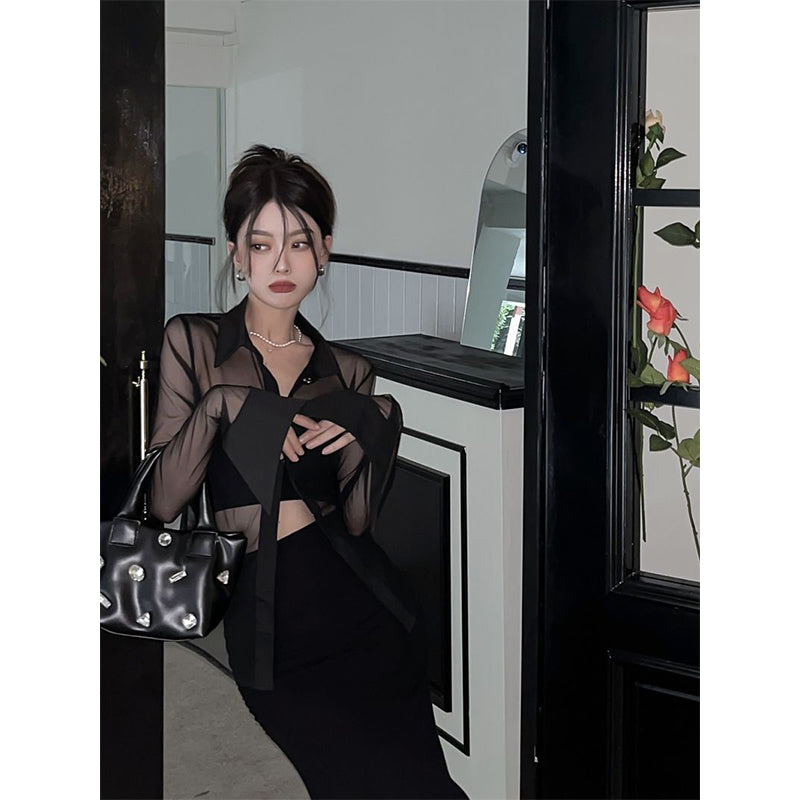 Aiertu Y2K Mesh Sheer Shirts Women Sexy Black See Through Blouses Summer Korean Fashion Aesthetic Long Sleeve Slim Chic Tops New Aiertu