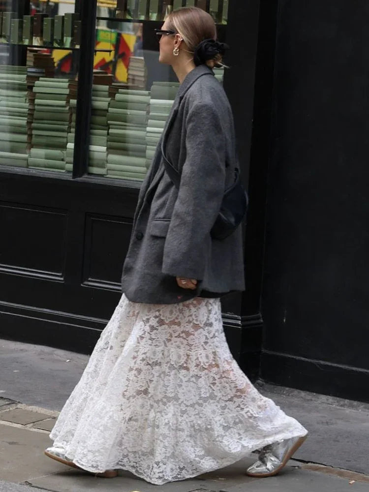 Aiertu  -  Fashion Lace Long Skirts For Women High Waist See Through Sexy Skirt Versatile Solid Color Loose Casual Autumn Winter New Aiertu