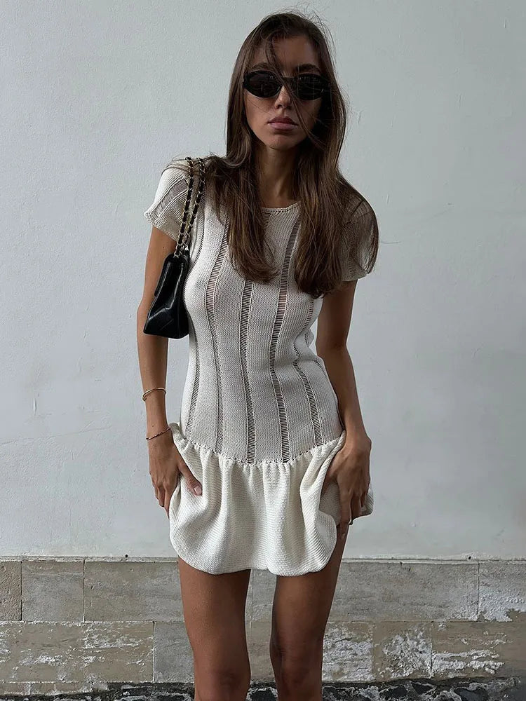 Aiertu       -  Fashion White Hollow Knitted Mini Dress Female Elegant Fashion Short Sleeve O Neck Slim Folds Holiday Sweater Dresses Aiertu