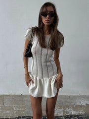 Aiertu       -  Fashion White Hollow Knitted Mini Dress Female Elegant Fashion Short Sleeve O Neck Slim Folds Holiday Sweater Dresses Aiertu