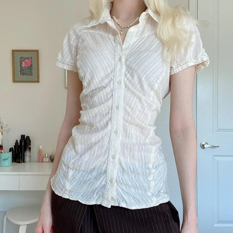 Aiertu  -  Fashion Chic Folds Summer Blouse Women Texture Stripe Buttons-Up Cardigan Shirt Korean French Tops Short Sleeve Basic Aiertu