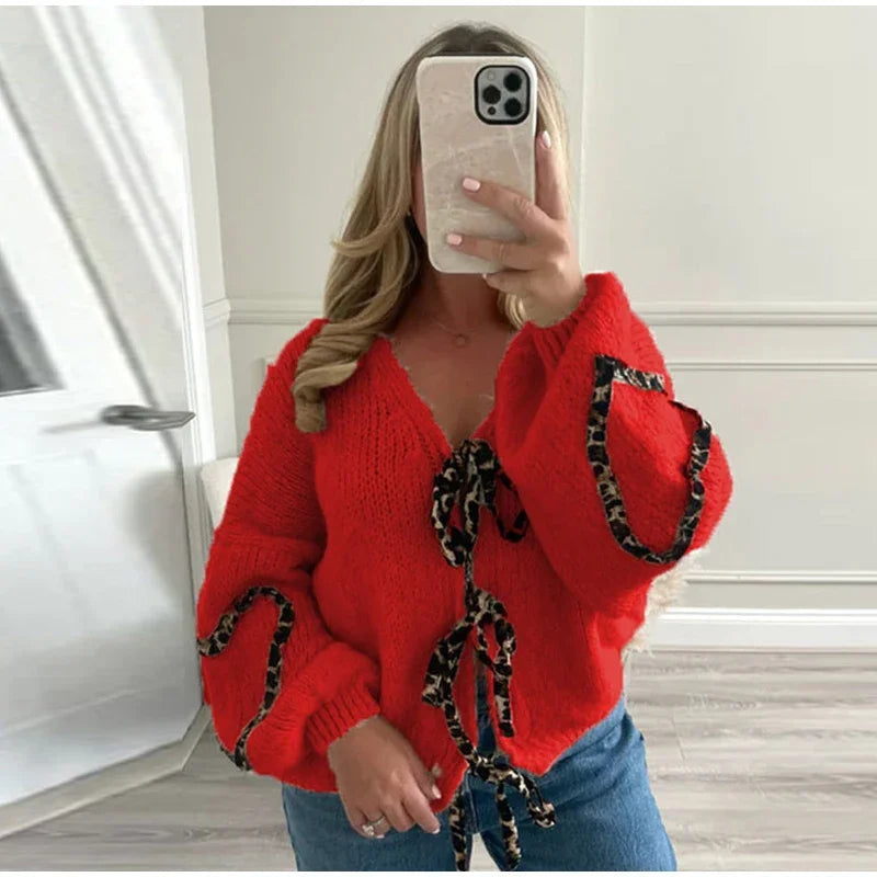 Aiertu     -  Fall Outfits 2026 Leopard Lace Up Cardigans Women Loose Long Lantern Sleeve V-neck Heart Print Patchwork Sweater 2026 Autumn Solid Female Knitwear Aiertu