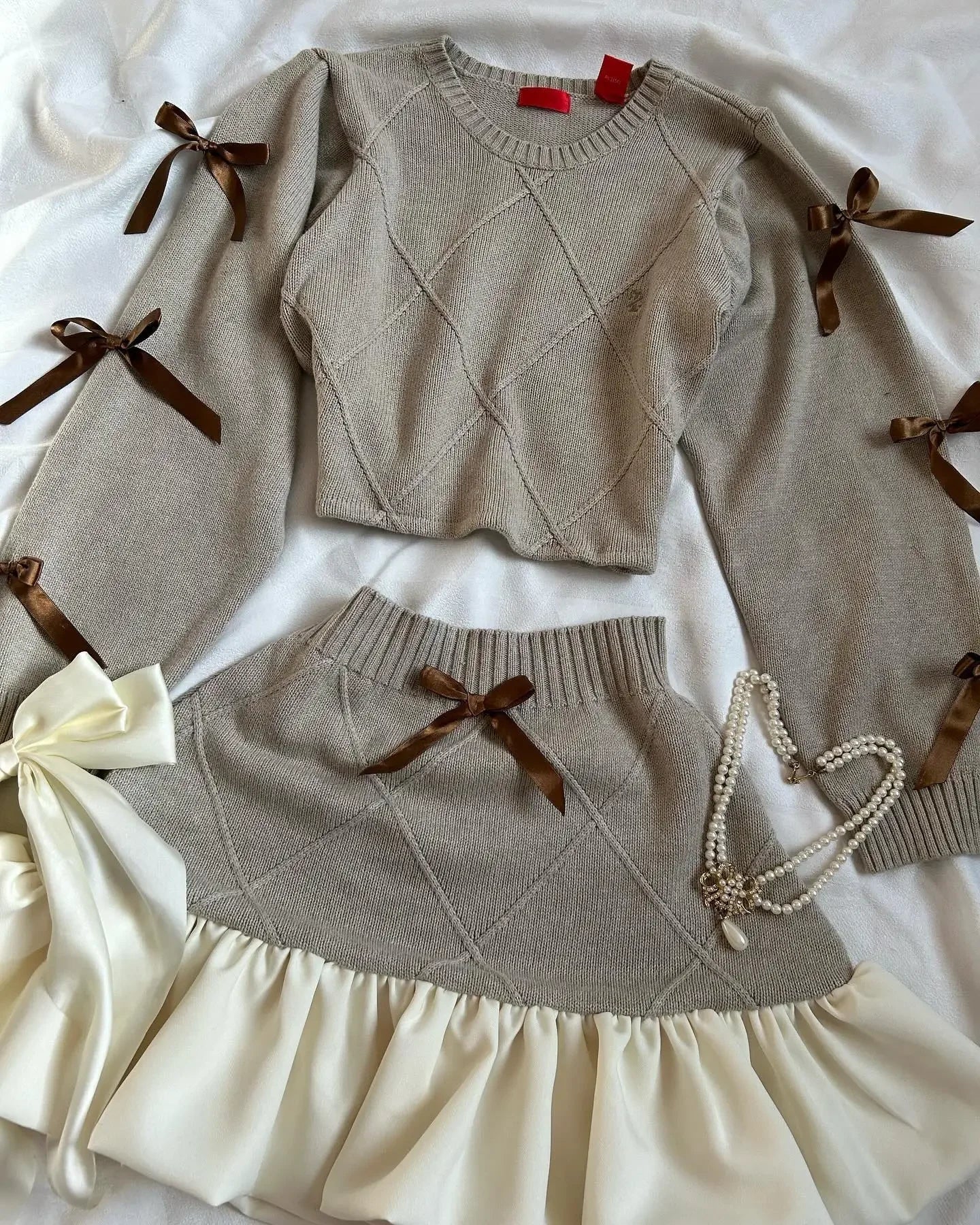 Aiertu  -  American Sweater Skirt Suit Two Piece Harajuku Women Fashionable V Neck Vest Striped Knitted Stitching Sexy Mini Skirt Short Top Aiertu