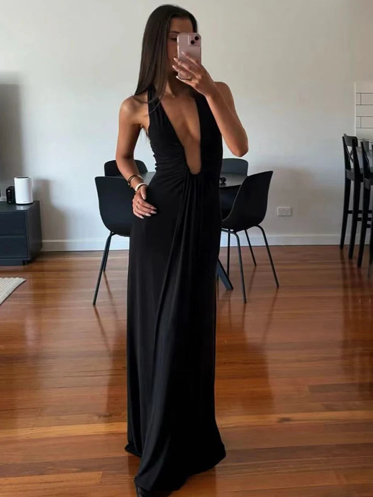 Aiertu  -  Deep V Neck Halter Long Dress Female Elegant Ruched Ribbon Splice Summer New Vacation Dress Sexy Slim Sleeveless Vestido Aiertu