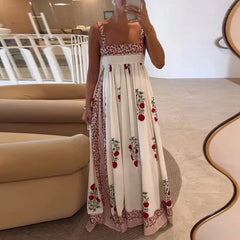 Aiertu  -  Fashion Pattern Print Pleat Suspenders Dress Summer Women Sexy Off Shoulder Sleeveless Party Dress Elegant Loose Hem Long Dress Aiertu