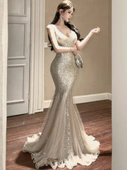 Aiertu  -  Sexy Sequins Mermaid Dress Women Elegant Sleeveless Mesh Patchwork Evening Party Dresses Summer Slim Waist Vestidos Long Robe Aiertu