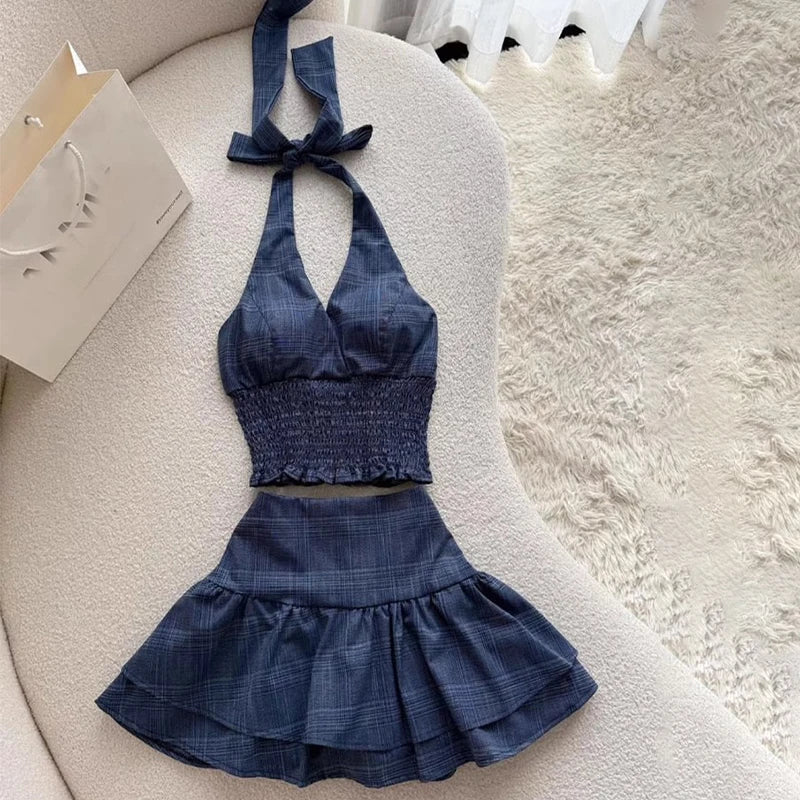 Aiertu  -  French Retro Plaid Skirt 2 piece Set Women Summer Sleeveless Backless Halter Tops + Mini Cake Skirts High Street Suit 2025 Aiertu