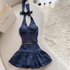 Aiertu  -  French Retro Plaid Skirt 2 piece Set Women Summer Sleeveless Backless Halter Tops + Mini Cake Skirts High Street Suit 2025 Aiertu