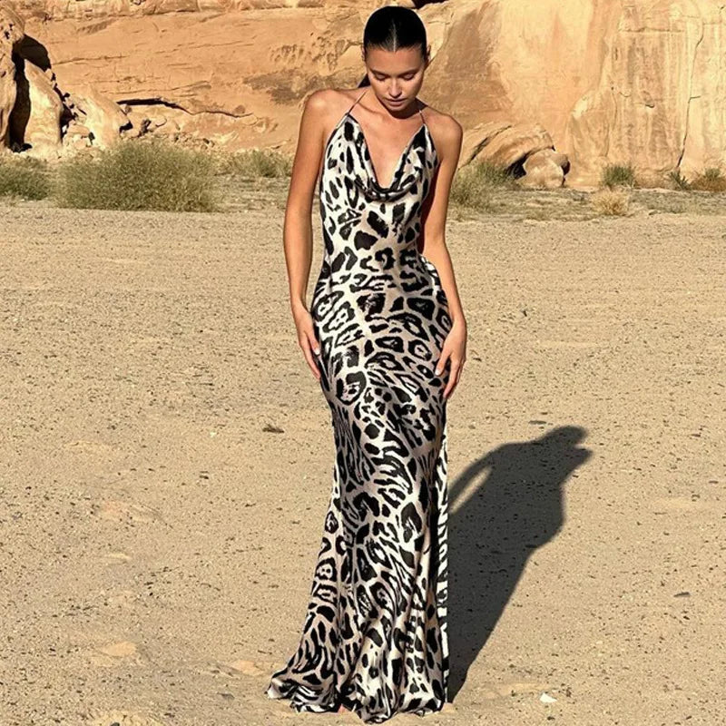 Aiertu  -  Leopard Dress Sexy Backless Dress Fashion Holiday Outfits Summer Maxi Dress Open Back Long One-piece Dress Gown Party Dresses Aiertu