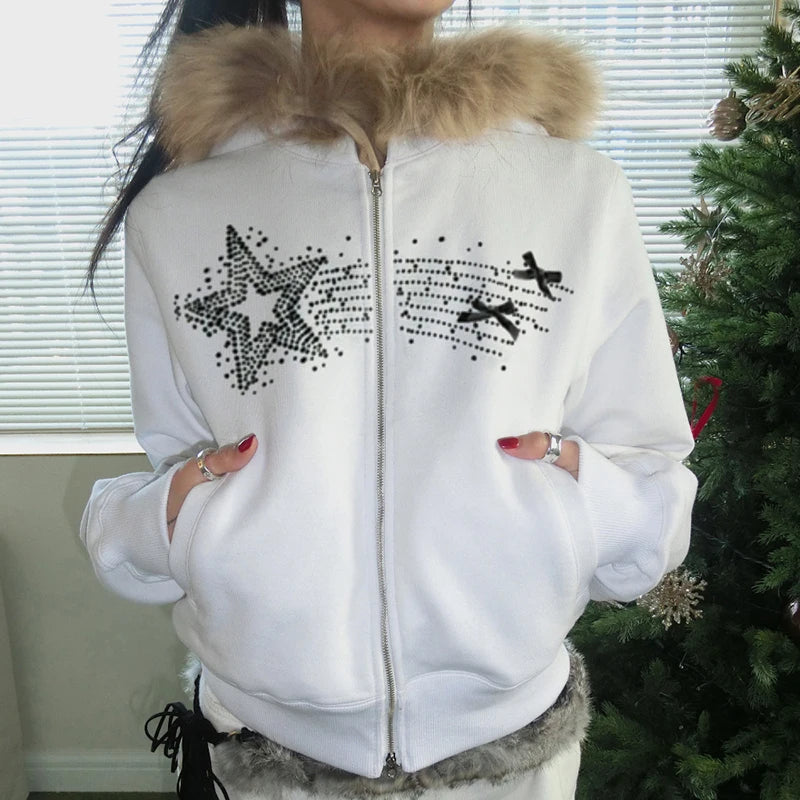 Aiertu  -  casual winter outfits Y2K Furry Hoodies Women Fashion Star Rhinestone Bow Patchwork Zipper Jacket Harajuku Grunge Hooded Coat Korean Girl Aiertu