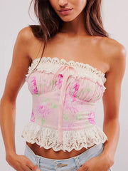 Aiertu  Vintage Printed Ruffles Tube Top Women Sexy Sleeveless Slim Print Lace Bow Patchwork Cropped Tops Lady Summer Chic Streetwear Aiertu