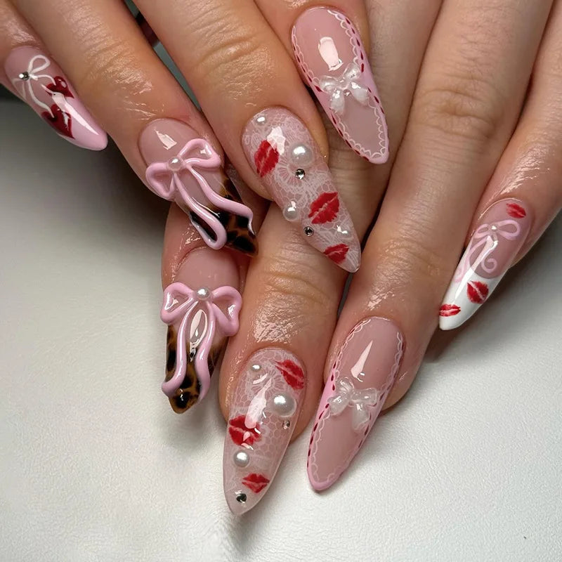 Aiertu  -  24PCS Pink 3D Bowknot Pearl Press on Nails Ins Style Leopard Print Lips Patterns French Fake Nails for Women Almond False Nails Aiertu