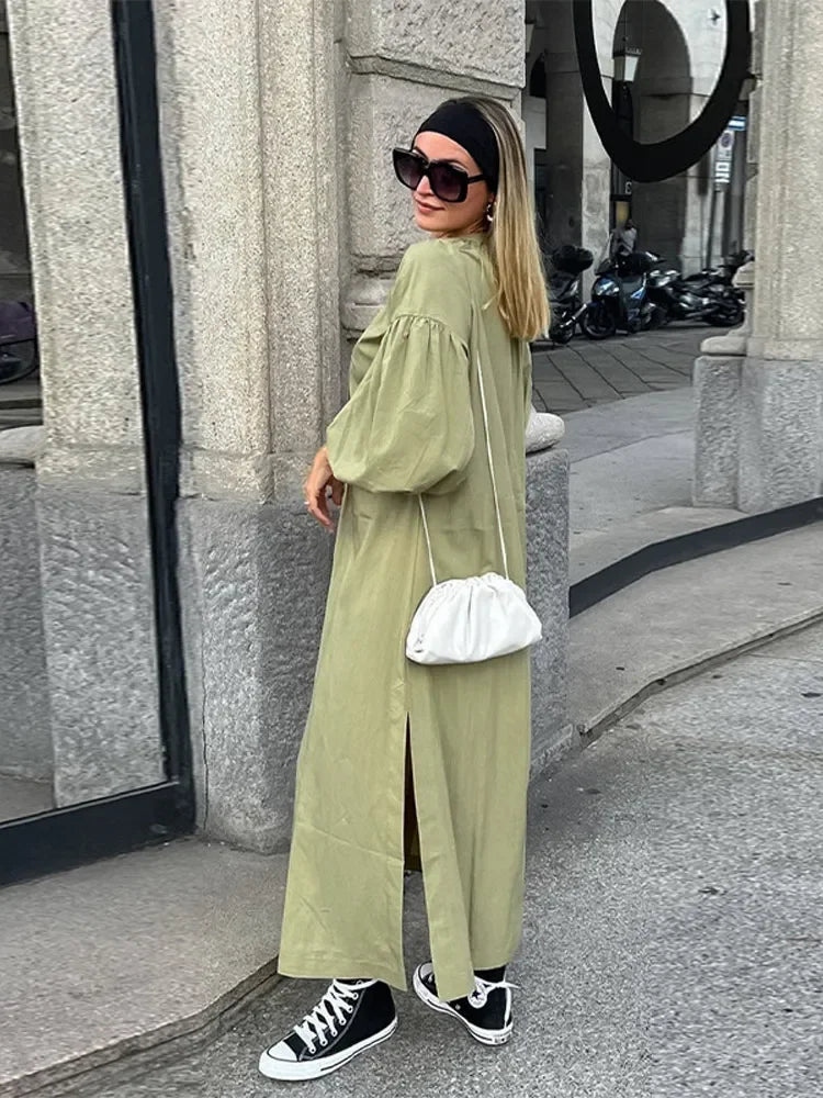 Aiertu  Loose Green Side Split Women Dress Casual Bandage Long Sleeve V Neck Female Dresses 2025 Summer Lace Up Lady Comfortable Robe Aiertu