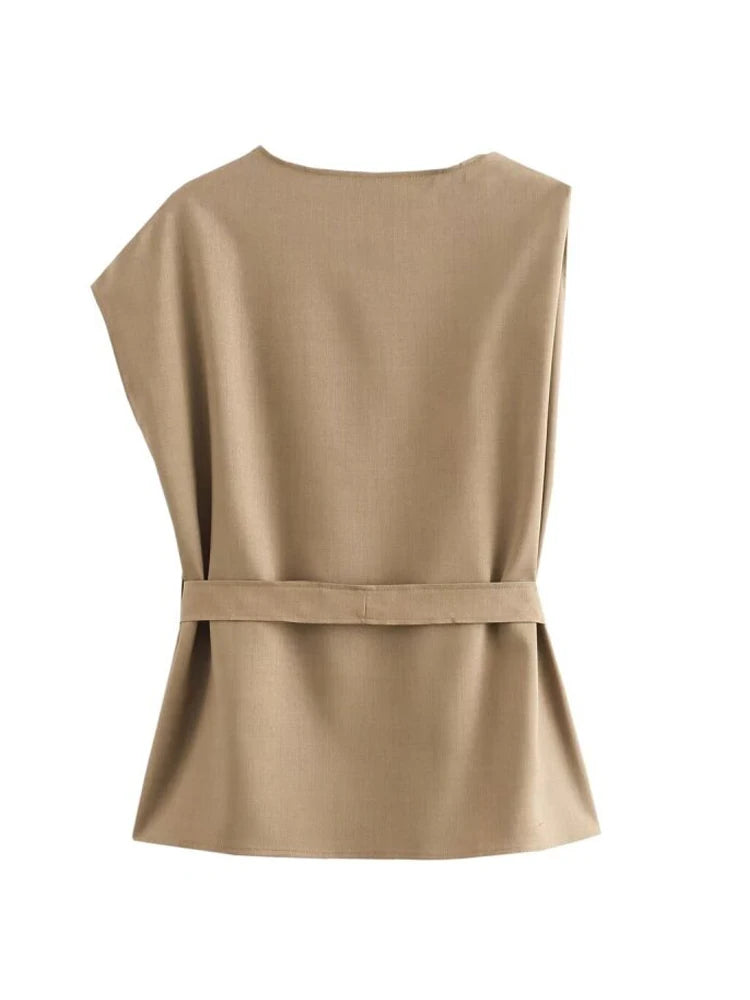 Aiertu  -  Women Summer Blouses Shirts Tops Fashion Solid O-Neck Asymmetry Sashes Bow Female Elegant Street Top Clothing Aiertu