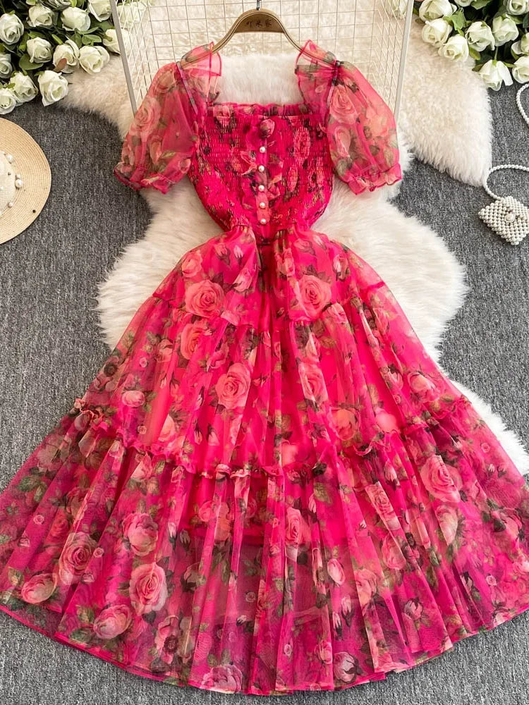 Aiertu Summer Women Floral Mesh Midi Dress Sweet Square Collar Short Puff Sleeve Ruffle Vestidos Female Elegant Purple/Green/Red Robe Aiertu