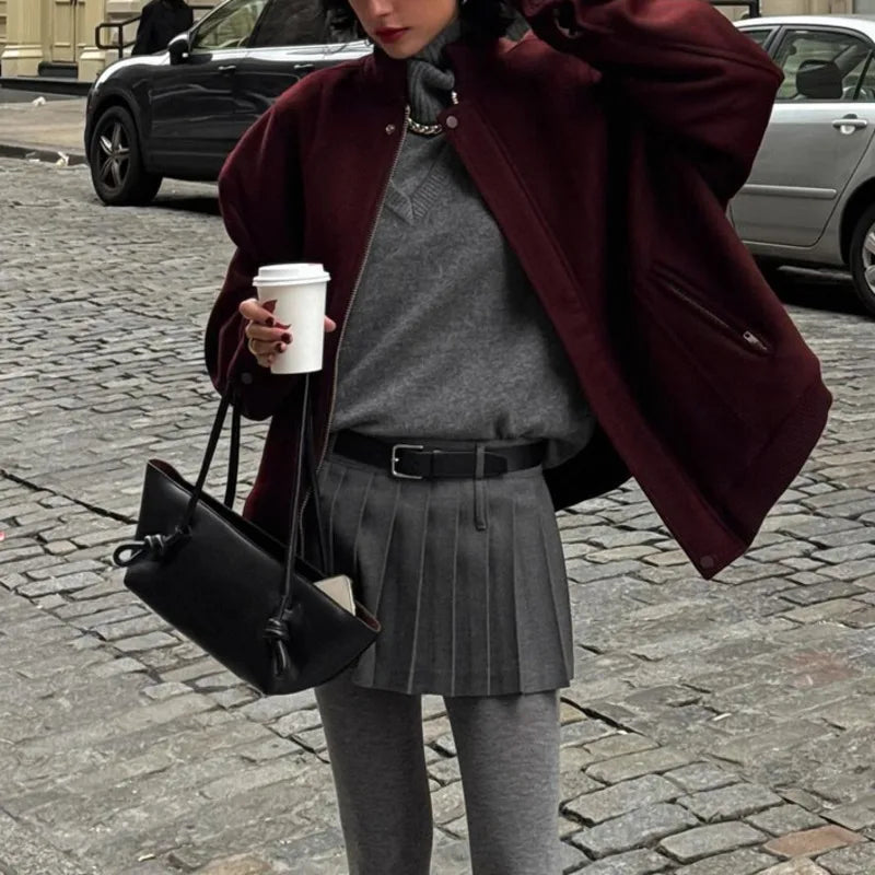 Aiertu  -  Chic Stand Collar Zipper Baseball Jersey Women Loose Casual Long Sleeve With Pocket Jackets Autumn Winter New Female Coats Aiertu