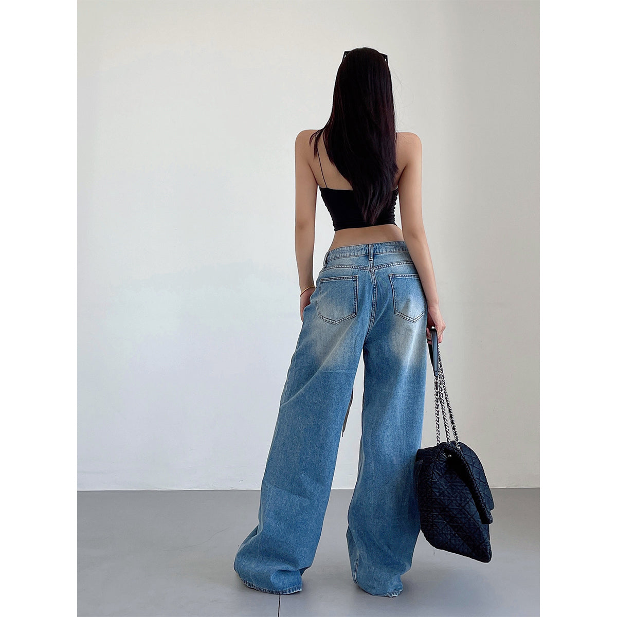 Aiertu Denim Blue Washed Low Rise Straight Leg Jeans Pants Aiertu