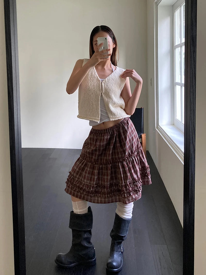 Aiertu  -  Vintage Plaid Mini Skirt Women Japanese Harajuku Ruffles Patchwork Black Skirts Summer High Waist Casual A Line Faldas New Aiertu