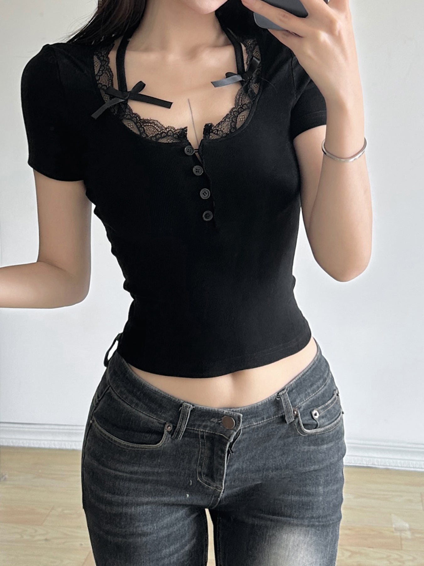 Aiertu - summer inspo Halter Neck Lace Trim Bow Cute Black Y2K T-Shirt Women Button Up Slim Short Sleeve White Tees Sweet Balletcore Clothing Aiertu