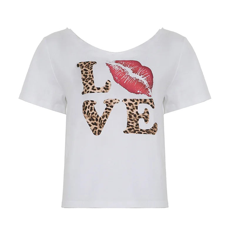 Aiertu  -  New leopard print personalized printing short-sleeved T-shirt women's street fashion off-the-shoulder pullover short casual top Aiertu