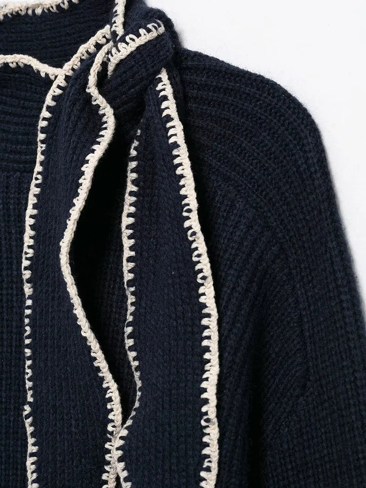 Aiertu  Women Fashion With Bow Black Pullover Knitted Sweater Vintage O-Neck Long Sleeves Female Chic Lady Tops Aiertu