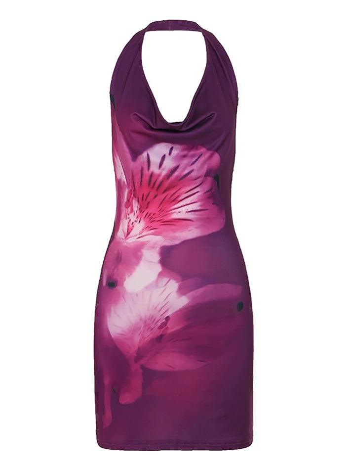Aiertu  -Floral Print Contrast Halter Mini Dress aiertu