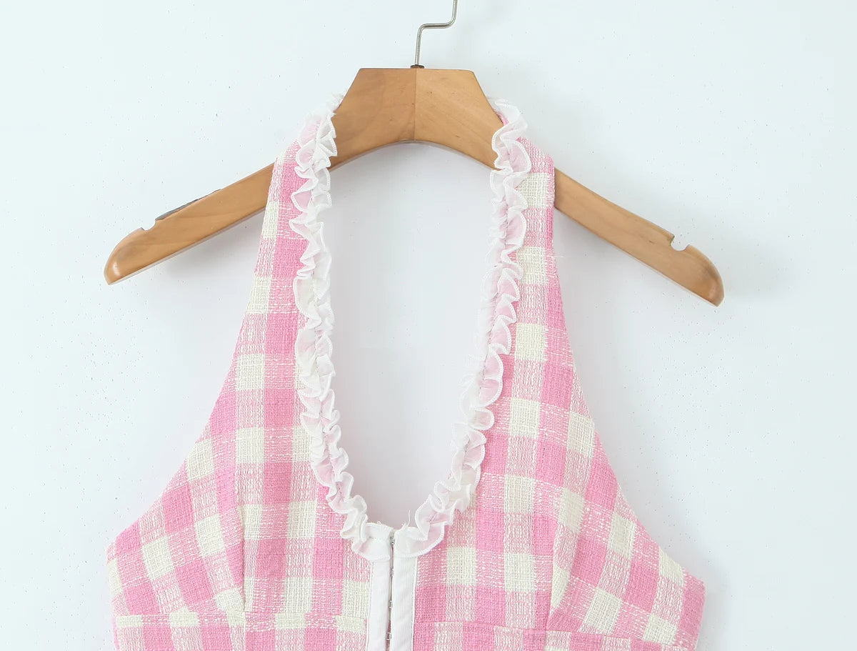 Aiertu  -  Sexy Gingham Pink Plaid Spliced Wood ears Lace Halter Dress Women V neck Slim Low Waist Swing Ball Gown Short Dresses Robe Aiertu