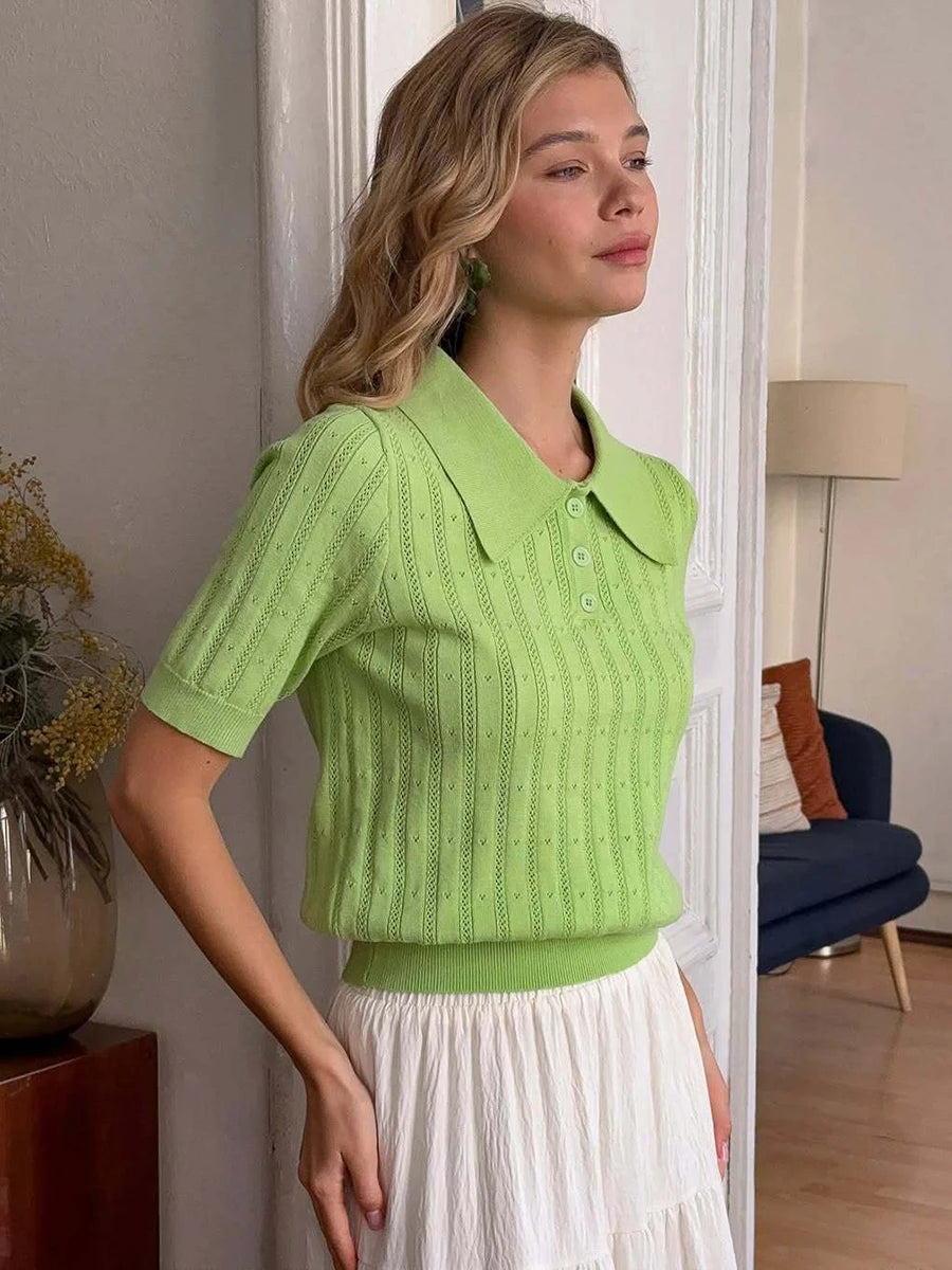 Aiertu  -  Knitted Hollow Out Solid T-shirt Women Buttons Turndown Collar Short Sleeve Tops T-shirts Summer Simple Casual Fashion Tee Shirt Aiertu