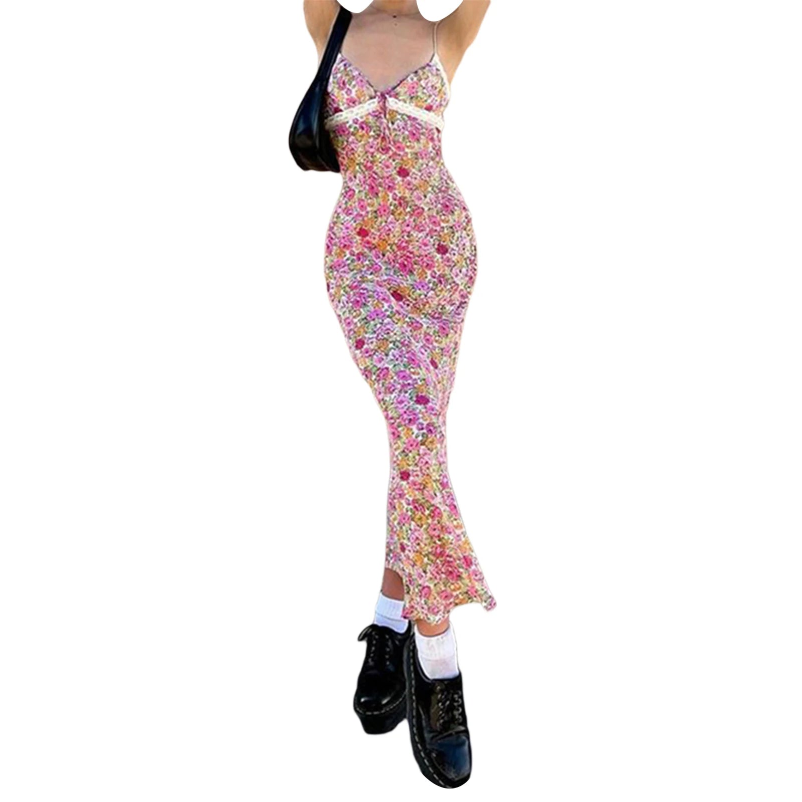 Aiertu Women Sleeveless Y2k Sexy Beach Style Camisole Dress with Flower Pattern Lace Patchwork V Neck Long Type Summer Clothing Aiertu