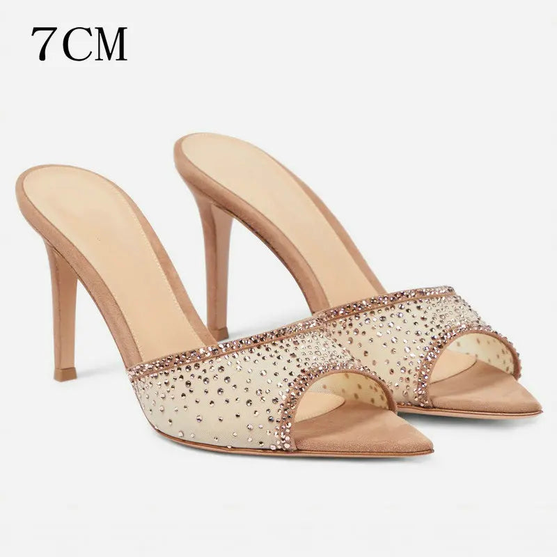 Aiertu  -  European Style Fashion Stiletto Rhinester High-heeled Slippers Pointed Open-toed Slip-on Slides Aiertu
