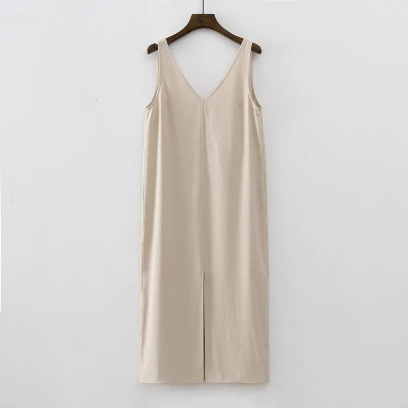 Aiertu  -  2026 Summer Women Solid White V Neck Sleeveless Fashion Dress Split Tank Dress Aiertu